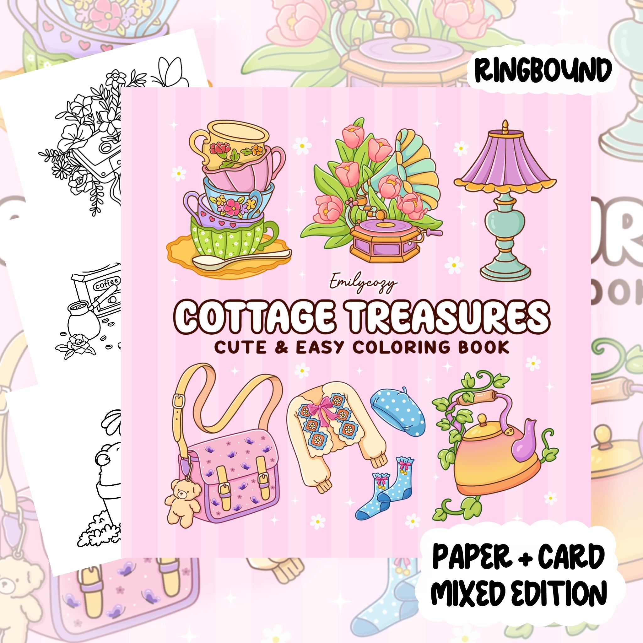 Cottage Treasures Bold Colouring Book | 50 Colouring Pages with 5 Additional 350gsm Cardstock Images
